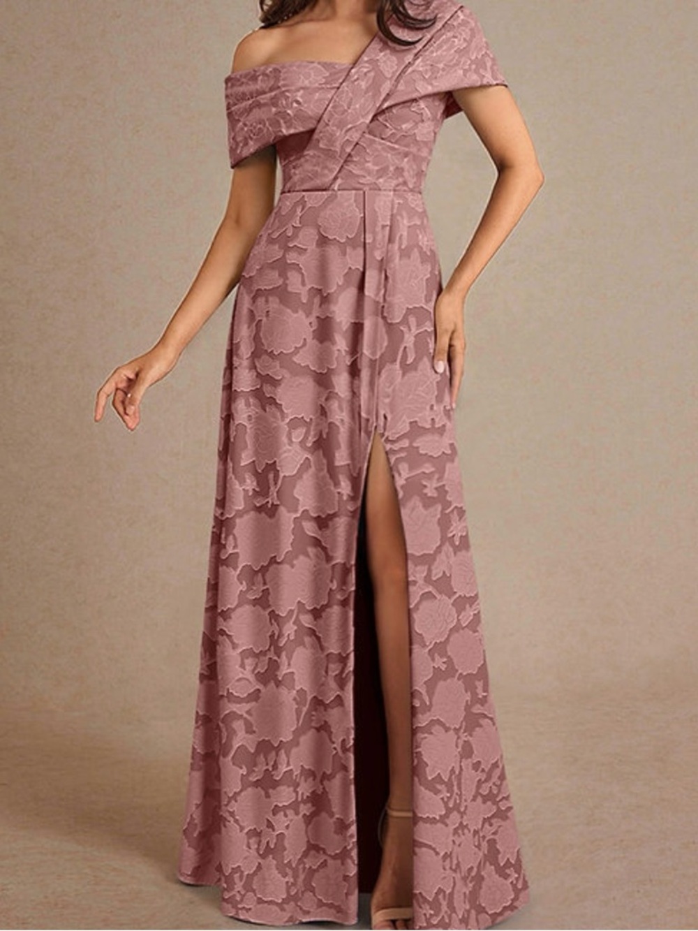 Azazie One-Shoulder Lace Evening Gown in Dusty Rose